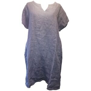 Embellish Navy Blue 100% Linen Shift Dress Pockets Relaxed V-Neck Tunic Size M